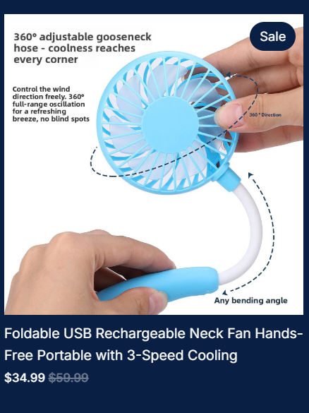 Foldable USB Rechargeable Neck Fan Hands-Free Portable with 3-Speed Cooling